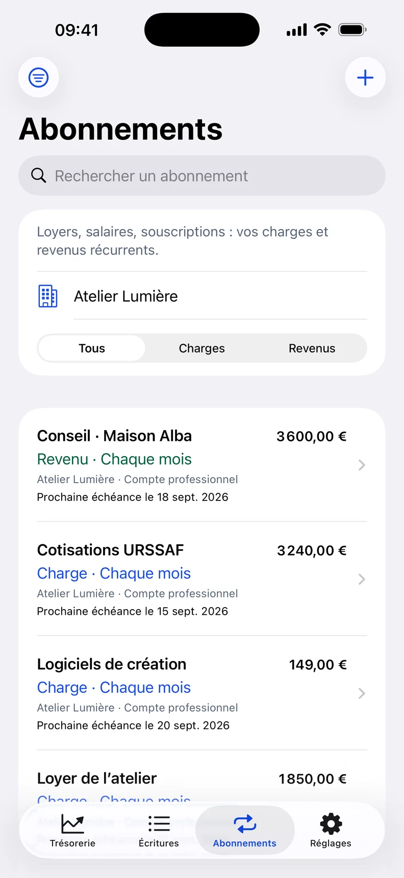 Capture iPhone Trez.App — Abonnements & récurrences